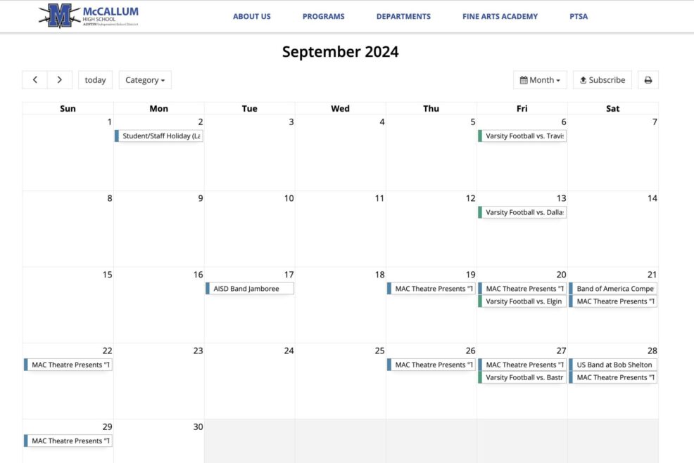 calendar of events for McCallum High School Fall 2024 Austin, Texas